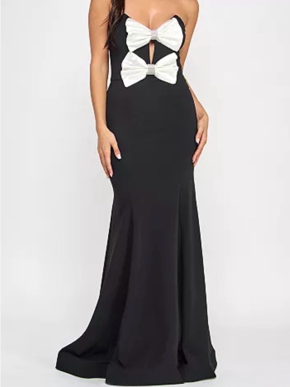 City Studio Black Strapless Mermaid Gown with White Bow Accents